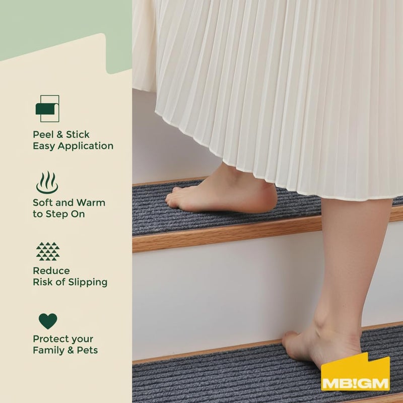 MBIGM 8" X 30" (15 in Pack) Non-Slip Carpet Stair Treads Non-Skid Safety Rug Slip Resistant Indoor Runner for Kids Elders & Pets with Reusable Adhesive - Gray - Carpet Pads for Stairs - Image 2